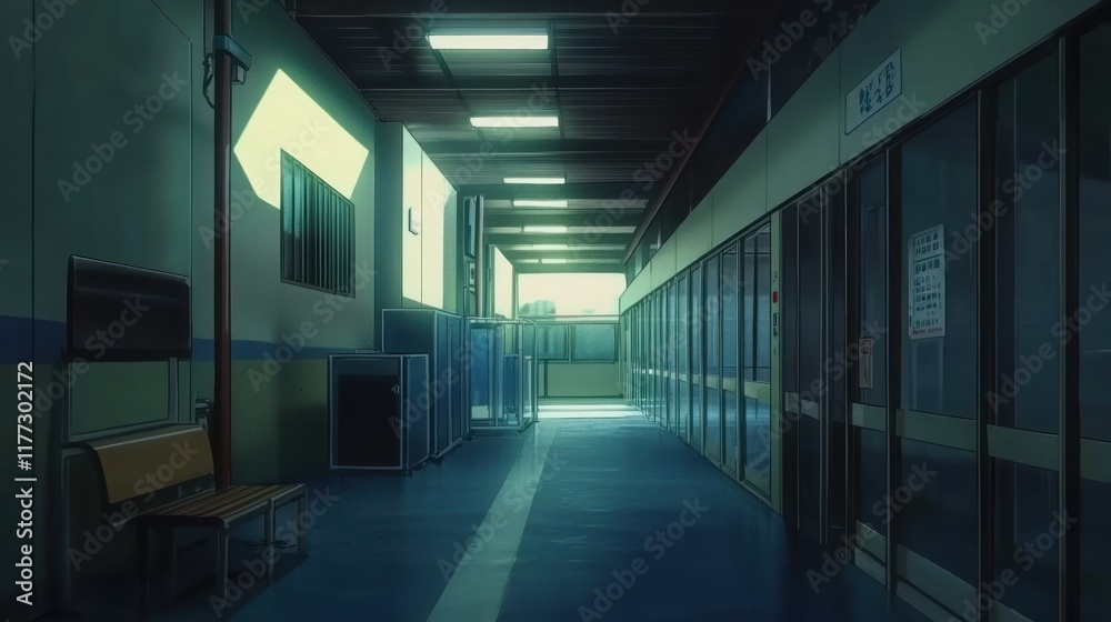 Poster a quiet corridor in a building, illuminated by soft light, evoking a sense of calm.