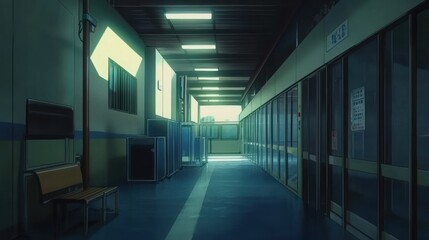 Obraz premium A quiet corridor in a building, illuminated by soft light, evoking a sense of calm.