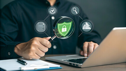 Businessman Analyzing Digital Security Concepts with Magnifying Glass