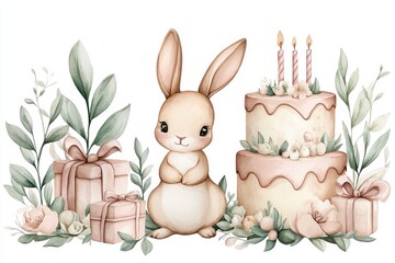 Adorable Bunny with Birthday Cake Gifts and Floral Decor Watercolor Illustration