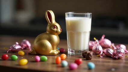 Golden chocolate bunny beside a glass of milk and colorful candies on a wooden table
