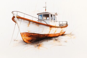 A clean outline of an old Emirati dhow boat with subtle waves beneath it on a pale beige canvas