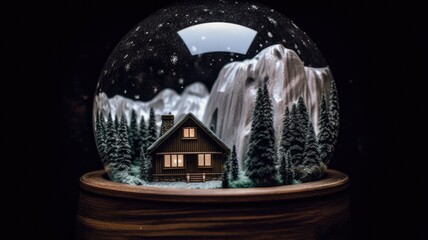 snowy mountains enclosed in a snow globe