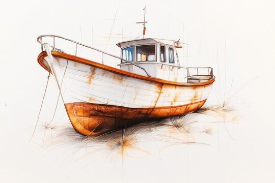 A clean outline of an old Emirati dhow boat with subtle waves beneath it on a pale beige canvas