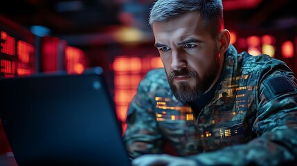 Focused Soldier Analyzing Data on Laptop in Red-Lit Room