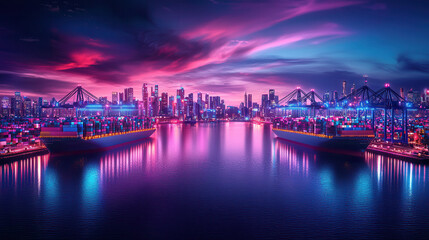 Fototapeta premium Futuristic cargo flow monitoring system with vibrant city skyline at dusk