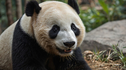 Obraz premium Panda in Nature, Panda in forest wildlife scene, Cute Panda Bear Sitting in Forest, Portrait of panda in the Jungle, Panda Bear in Nature Background