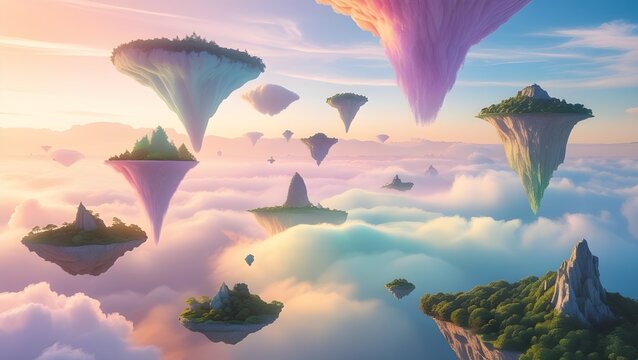 A surreal landscape with floating islands