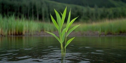 Obraz premium Fresh Green Plant Emerges from Calm Water Surface in Lush Natural Setting Surrounded by Nature