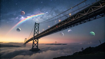 Rainbow Bridge in Starry Sky with Miniature Planets. Perfect for: Pride events, fantasy celebrations, cosmic festivals