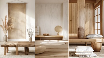 Serene minimalist interior with natural wood elements and soft neutral tones for tranquil spaces