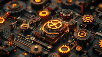 High tech machinery with glowing gears and intricate circuits, showcasing advanced engineering and innovation