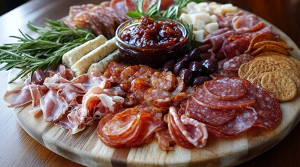 Obraz premium National Bacon Day Gourmet Selection of Charcuterie With Cured Meats. Charcuterie Board with Bacon-Onion Jam