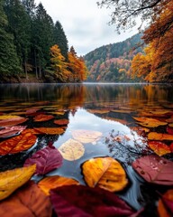 Obraz premium A tranquil lake framed by autumn trees, with colorful leaves floating on the water's surface