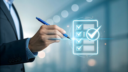 Business Person Completing Checklist with Pen in Modern Office