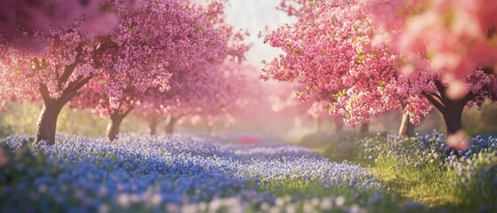 Blossoming cherry trees in spring a serene landscape of pink blooms and blue flowers