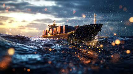 Fototapeta premium Futuristic cargo ship sailing through waves at sunset, showcasing vibrant colors and dynamic water splashes