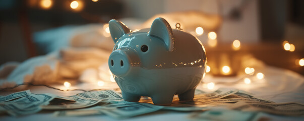 ceramic piggy bank with shiny surfaces sits on bed of money, surrounded by warm lights, creating cozy and inviting atmosphere