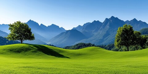 Obraz premium Serene Landscape with Lush Green Hills and Majestic Mountains in the Background