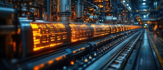 Fototapeta premium Industrial machinery with glowing elements in a factory setting.