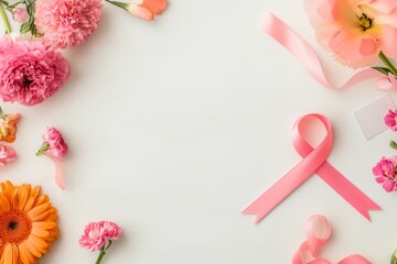 Pink ribbon symbol and flowers create a heartfelt display for breast cancer awareness on a white table