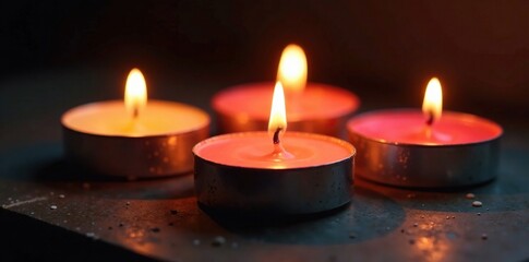 Four candles in a circle with different colored wax melting, fire, mood lighting, ambiance