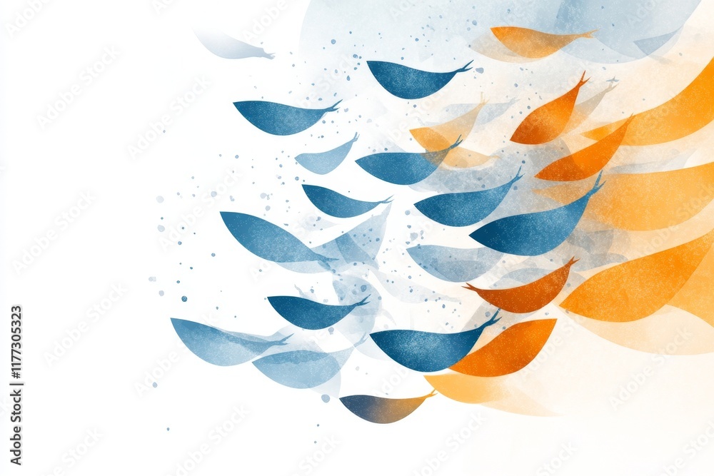 Poster a flat graphic of a swarm of krill forming a wave-like pattern, illustrated in soft pastel colors