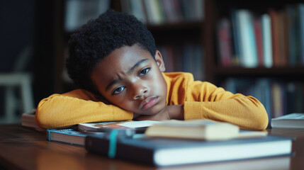 A tired African American boy lies on a stack of books at a table, looking frustrated and fatigued. Homework, problem education, trouble, stress, tired learning studying.