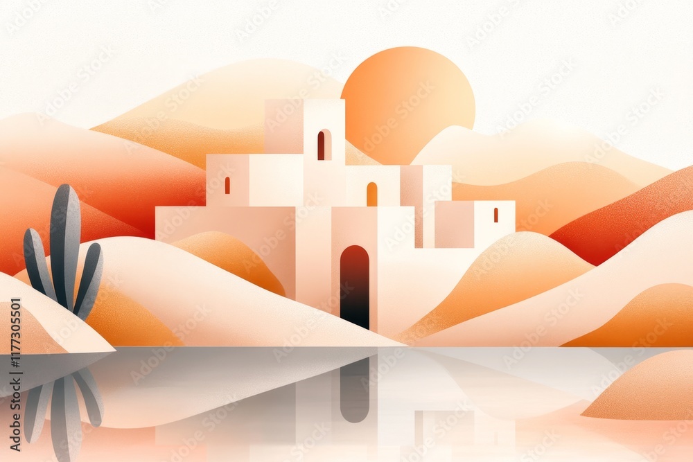 Poster a flat illustration of an oasis ksar with clean lines and muted desert tones, emphasizing the water 