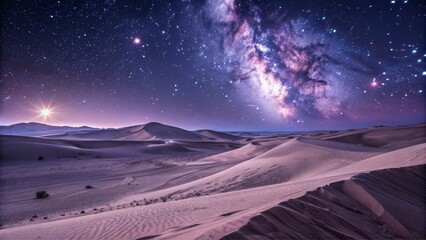 Endless Purple Dunes Under Moonlight with Nebulae. Perfect for: Halloween, cosmic events, dreamlike celebrations