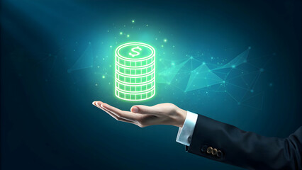 Hand Reaching for Digital Currency with Abstract Background