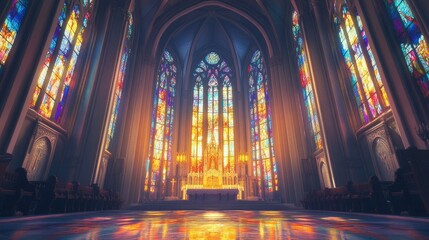 Fototapeta premium Majestic interior of a Roman Catholic church, high altar at the center, surrounded by sacred stained glass art.