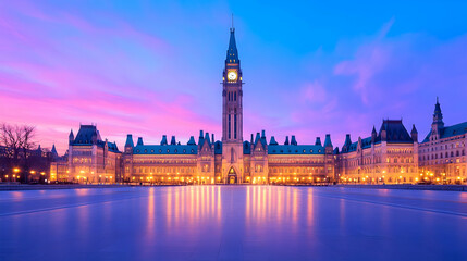 Naklejka premium Illuminated Parliament Hill at twilight, Ottawa, Canada. Perfect for travel brochures and Canadian government websites.