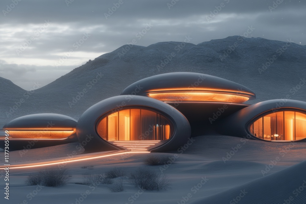 Fototapete a futuristic ksar with glowing edges and hovering structures, set by an oasis that emits a radiant b