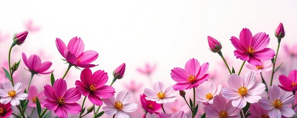 Floral background with isolated fuchsia flowers on white, soft, petals, flower field