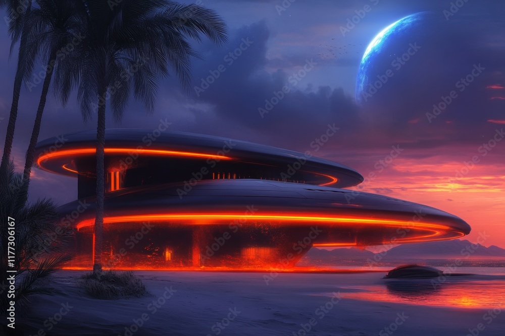 Fototapete a futuristic ksar with glowing edges and hovering structures, set by an oasis that emits a radiant b