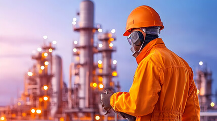 Industrial worker inspecting refinery at twilight; safety and maintenance;  energy production; industrial site background; suitable for safety, energy, or industry publications.