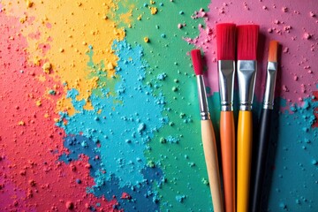 flat brush with red colored tip and long wooden handle, wall decoration, painter's supply, art supplies