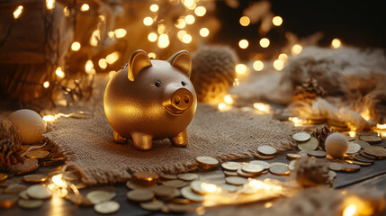 golden piggy bank surrounded by coins and warm lights creates cozy atmosphere. This charming scene evokes feelings of savings and prosperity