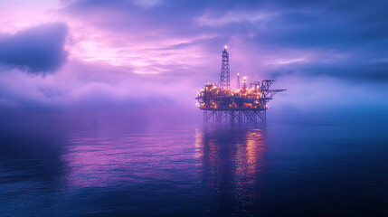 Obraz premium Oil rig engulfed in fog, faint lights glowing through misty atmosphere