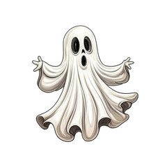 Spooky Ghost Illustration:  A friendly cartoon ghost, with a big smile and wide eyes, floats with outstretched arms. It's a classic Halloween icon.