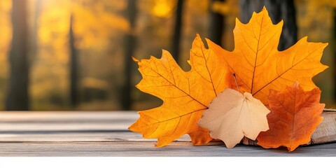 Vibrant Autumn Leaves on a Wooden Surface in a Beautiful Forest Setting