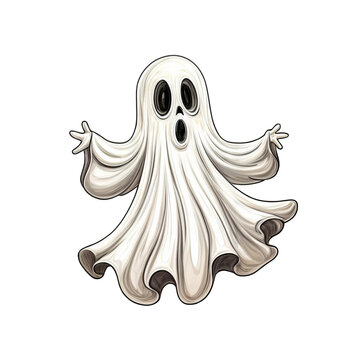 Spooky Ghost Illustration:  A friendly cartoon ghost, with a big smile and wide eyes, floats with outstretched arms. It's a classic Halloween icon.