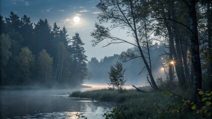Floating Silver Forest Under Moonlight with Haze. Perfect for: Christmas, fantasy events, winter festivals