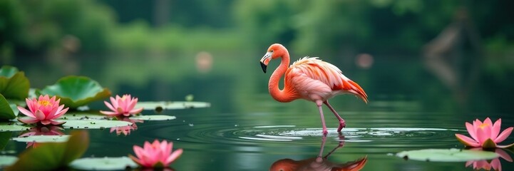 Flamingo wading through shallow water with water lilies and lotus flowers, lake scenery, water garden scenery, pink flamingo
