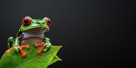 Vibrant Red-Eyed Tree Frog Resting on Leaf with Dark Background in Natural Habitat