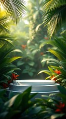 product podium in nature outdoors forest blurred green background. natural product placement, pedestal stand display, spring or summer cosmetics concept