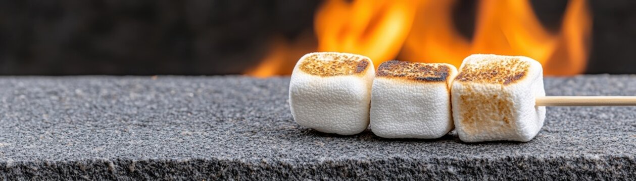 Deliciously Toasted Marshmallows on Skewers Over a Warm Fire with Flames in the Background