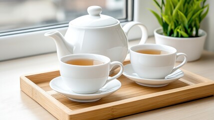 Fototapeta premium Ceramic teapot and two cups filled with green tea displayed on a wooden tray, surrounded by warm lighting and a soft background