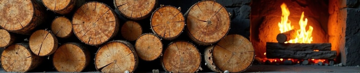 Naklejka premium Dry wood logs stacked neatly by the fireplace, logs, woodpile